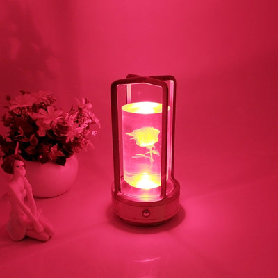 USB charging retro camping light with pink glow and floral design, ideal for decorative and atmospheric lighting.